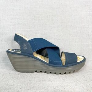 FLY London Womens 39 8 Yaji Sandals Shoes Blue Platform‎ Wedge Strappy Slingback